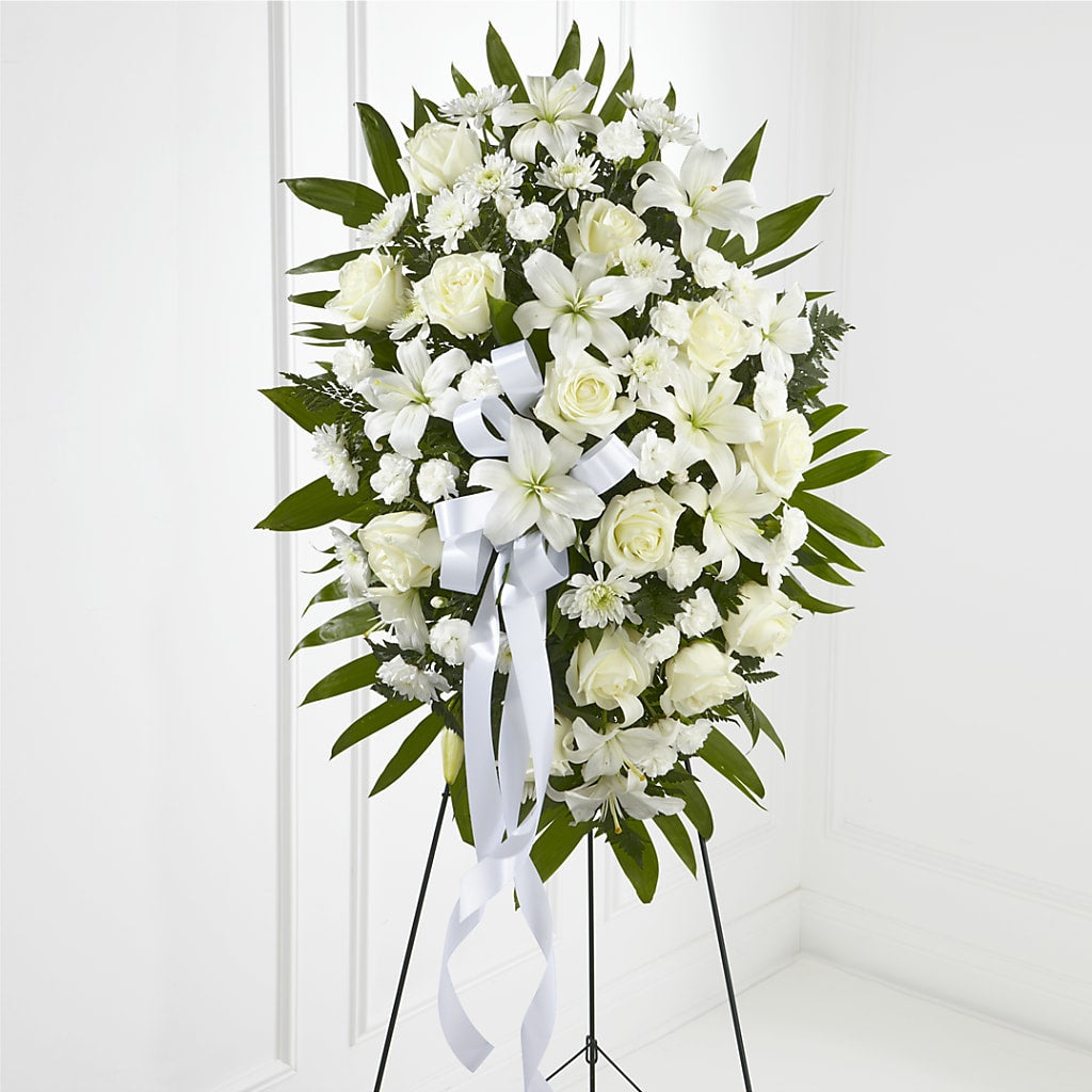 Exquisite Tribute Standing Spray-White Ribbon – Albelos Flowers Llc, Tampa FL